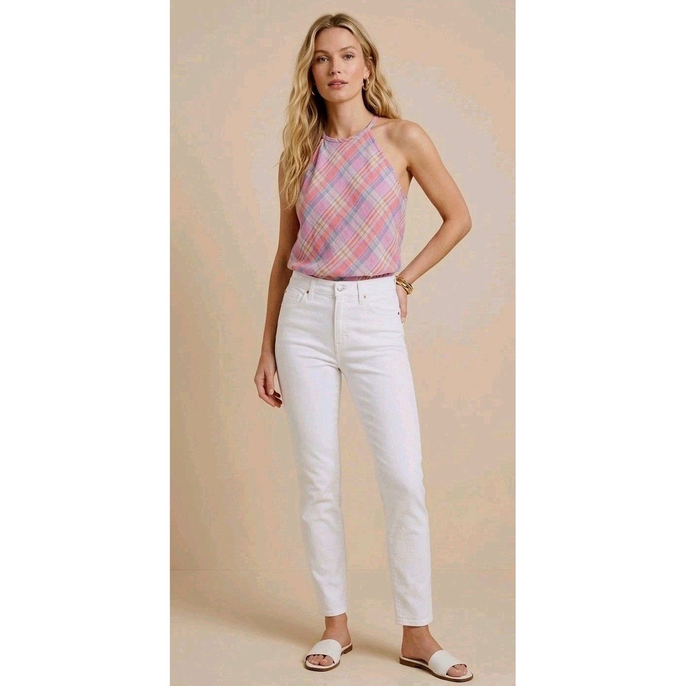J.Crew Women XS Plaid Halter Top 100% Linen Multi Color High Neck BR613
